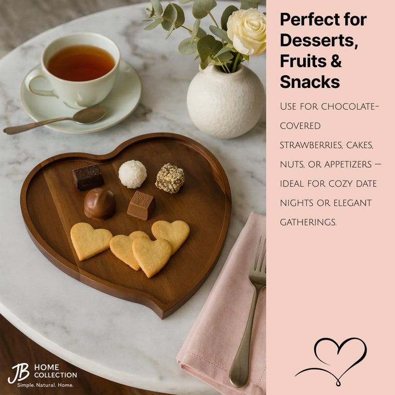 JB Home Collection, Premium Acacia Wood Heart Shape Plate Romantic Wedding Serving Tray for Snack Cake Fruit Nuts Appetizer, 8.25"x6.75", 1 Pack - Image 3